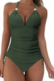 V Neck Ruched Halter Tankini Set