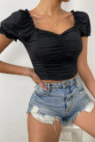 Plain Square Neck Puff Ruched Crop Top