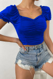 Plain Square Neck Puff Ruched Crop Top