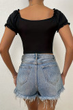 Plain Square Neck Puff Ruched Crop Top