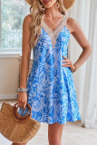 V Neck Sleeveless Beach Palm Printed Dress 