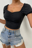 Plain Square Neck Puff Ruched Crop Top