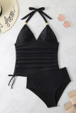 V Neck Ruched Halter Tankini Set