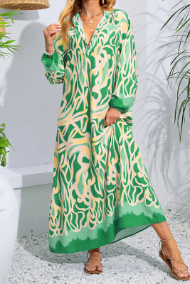 Puff Sleeves V Neck Printed Maxi Dress 