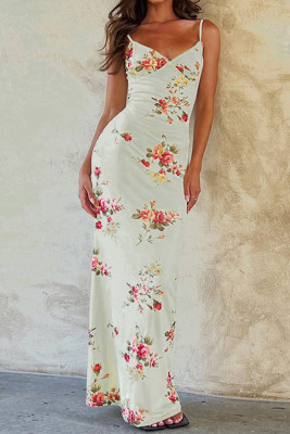 Beige Spaghetti Floral Dress 