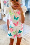 White Colorful Sequin Butterfly Puff Sleeve Top Shorts Set
