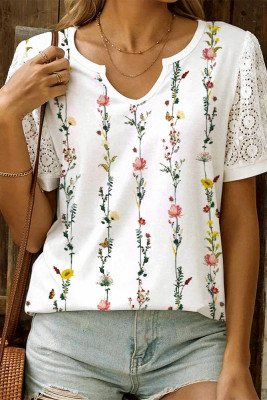 White Floral Printed Short Sleeves Top 