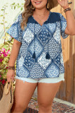 Blue Ethic Print Split Neckline Lace Splicing Plus Size Top