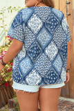 Blue Ethic Print Split Neckline Lace Splicing Plus Size Top