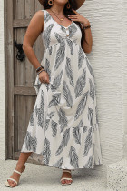 White Print V Neck Buttoned Ruffles Hem Plus Size Dress