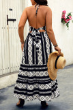 Black Geometric Print Halter Blackless Plus Size Dress