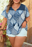 Blue Ethic Print Split Neckline Lace Splicing Plus Size Top