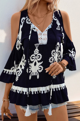 Black Retro Print Keyhole Front Tie Neckline Cold Shoulder Blouse
