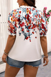 White Floral Front Tie Frill Neckline Puff Plus Size Top