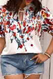 White Floral Front Tie Frill Neckline Puff Plus Size Top