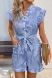 Blue Stripes Pockets Button UP Romper 