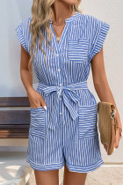 Blue Stripes Pockets Button UP Romper 