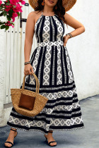 Black Geometric Print Halter Blackless Plus Size Dress