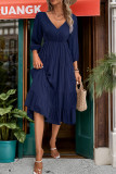 Navy Tiered V Neck Puff Sleeves Backless Dress