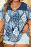 Blue Ethic Print Split Neckline Lace Splicing Plus Size Top