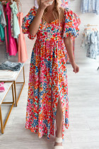 Rose Puff Sleeve Thigh High Split Floral Maxi Dress