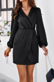 V Neck Puff Sleeves Wrap Dress 