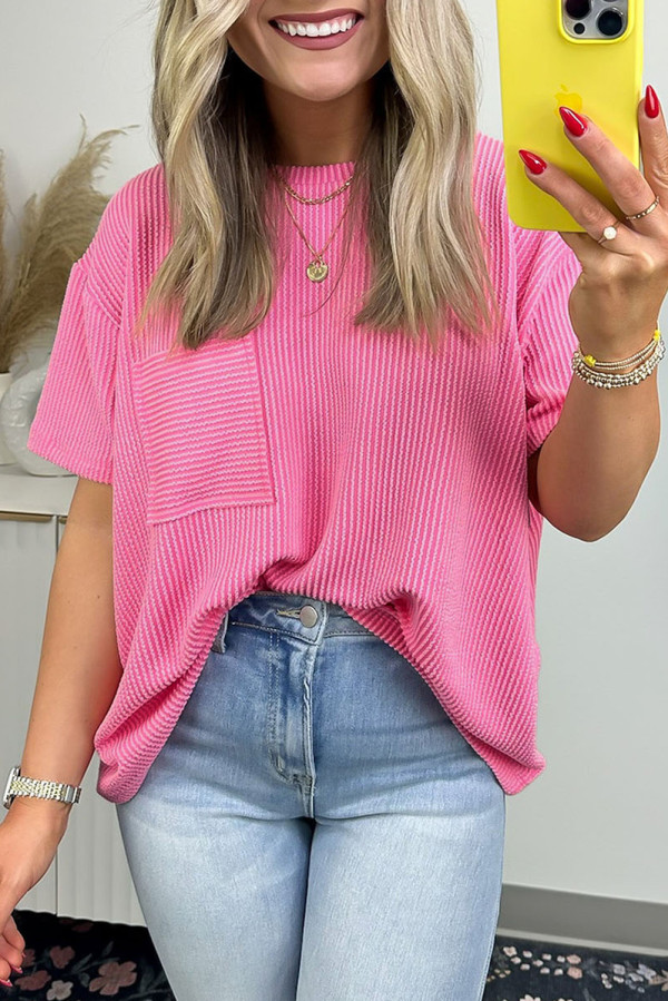 Pink Corded Knit Pocketed Loose Fit T Shirt