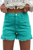 Turquoise Frayed Edge Mid Rise Denim Shorts