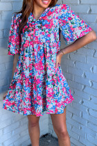 Multicolour Floral Short Sleeve V Neck Tiered Mini Dress