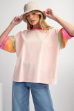 Pink Color Block Stitching Sleeve Round Neck Oversize Top