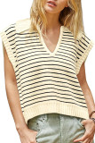 Beige Stripe Turn-down V Neck Sweater Tank Top