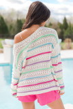 White Striped Hollowed Crochet Loose Fit Sweater