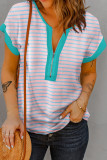 Pink Stripe Contrast Trim Half Zip Short Sleeve Top