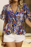 V Neck Elastic Waist Printed Blouse 