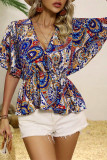 V Neck Elastic Waist Printed Blouse 