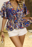 V Neck Elastic Waist Printed Blouse 