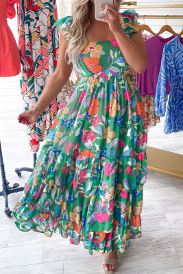 Green Plus Size Floral Smocked Back Tiered Maxi Dress