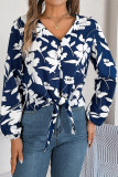 V Neck Floral Printed Twist Knot Blouse 