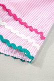 Pink Stripe Ricrac Trim Split Neck Striped Ruffled Sleeve Blouse