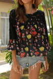 Black Floral 3/4 Sleeves Blouse 