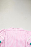 Pink Stripe Ricrac Trim Split Neck Striped Ruffled Sleeve Blouse