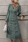 Green V Neck Puff Sleeves Printed Dress 