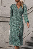 Green V Neck Puff Sleeves Printed Dress 