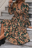 Khaki Leopard Splicing V Nek Tiered Dress 