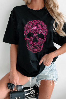 Black Rhinestone Leopard Skull Graphic Crewneck Casual T Shirt