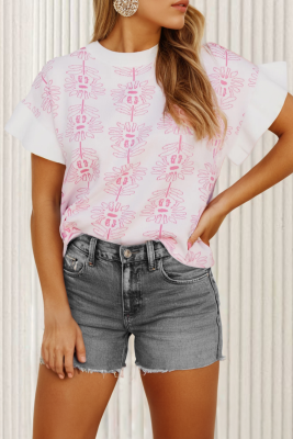 White Floral Printed Ruffled Short Sleeve Sweater