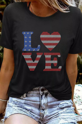 Black Rhinestone Stripes and Stars LOVE Graphic T Shirt