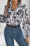 Flower Printed Button Up Lantern Sleeves Shirt 