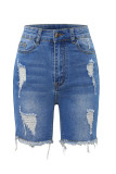 Blue Ripped Raw Hem Denim Shorts 