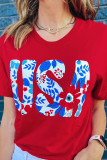 Red USA Flower Print Round Neck T Shirt